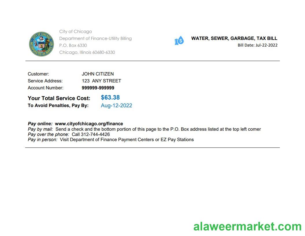 USA Illinois Chicago water, sewer, garbage, tax bill Word and PDF template